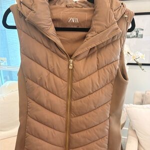 Zara Tan Quilted Hooded Puffer Vest